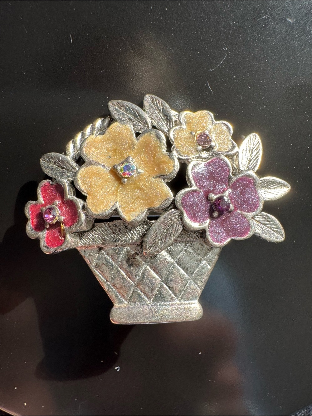 Vintage Enamel Flower Basket Brooch - Aurora Borealis Rhinestones - Cottagecore